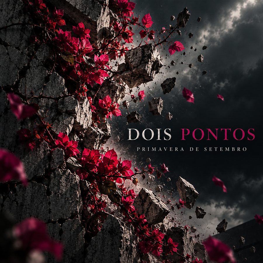Capa do EP Dois Pontos: muro de pedra rompido tomado por buganvília magenta sob céu de tempestade